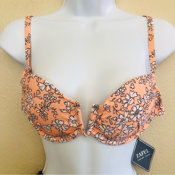 Zaful Peach Floral Underwire Top Brown High Cut Leg Bottom Bikini Swim Set M/6 - Picture 6 of 16